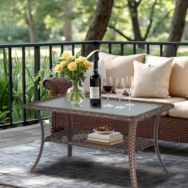 Outdoor Wicker Coffee Table with Storage & Tempered Glass Top