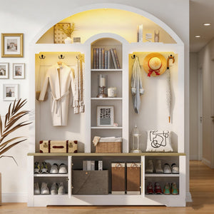 77" Arched Hall Tree with Bench, LED Lights & Shoe Storage