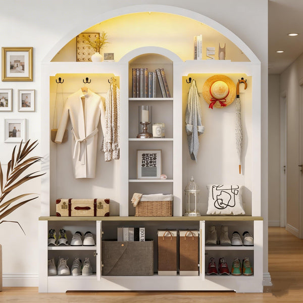 77" Arched Hall Tree with Bench, LED Lights & Shoe Storage