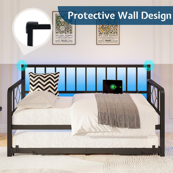 Twin Daybed with Trundle, Charging Station & LED Lights