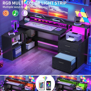 L-Shaped Desk with Drawers, LED Lights & Power Outlets