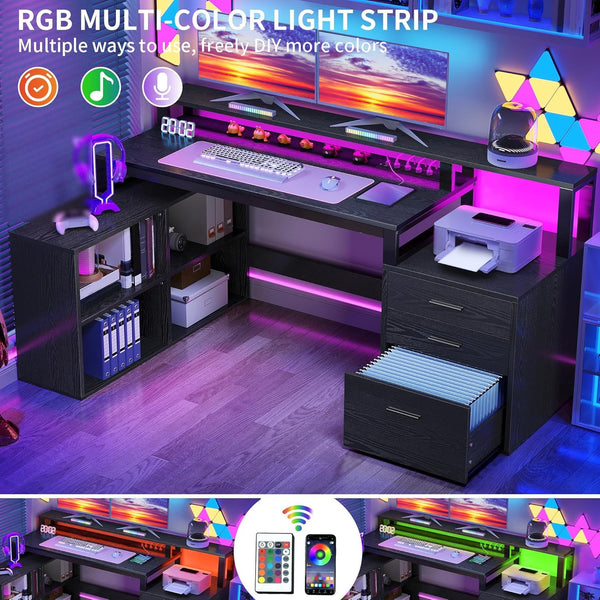L-Shaped Desk with Drawers, LED Lights & Power Outlets