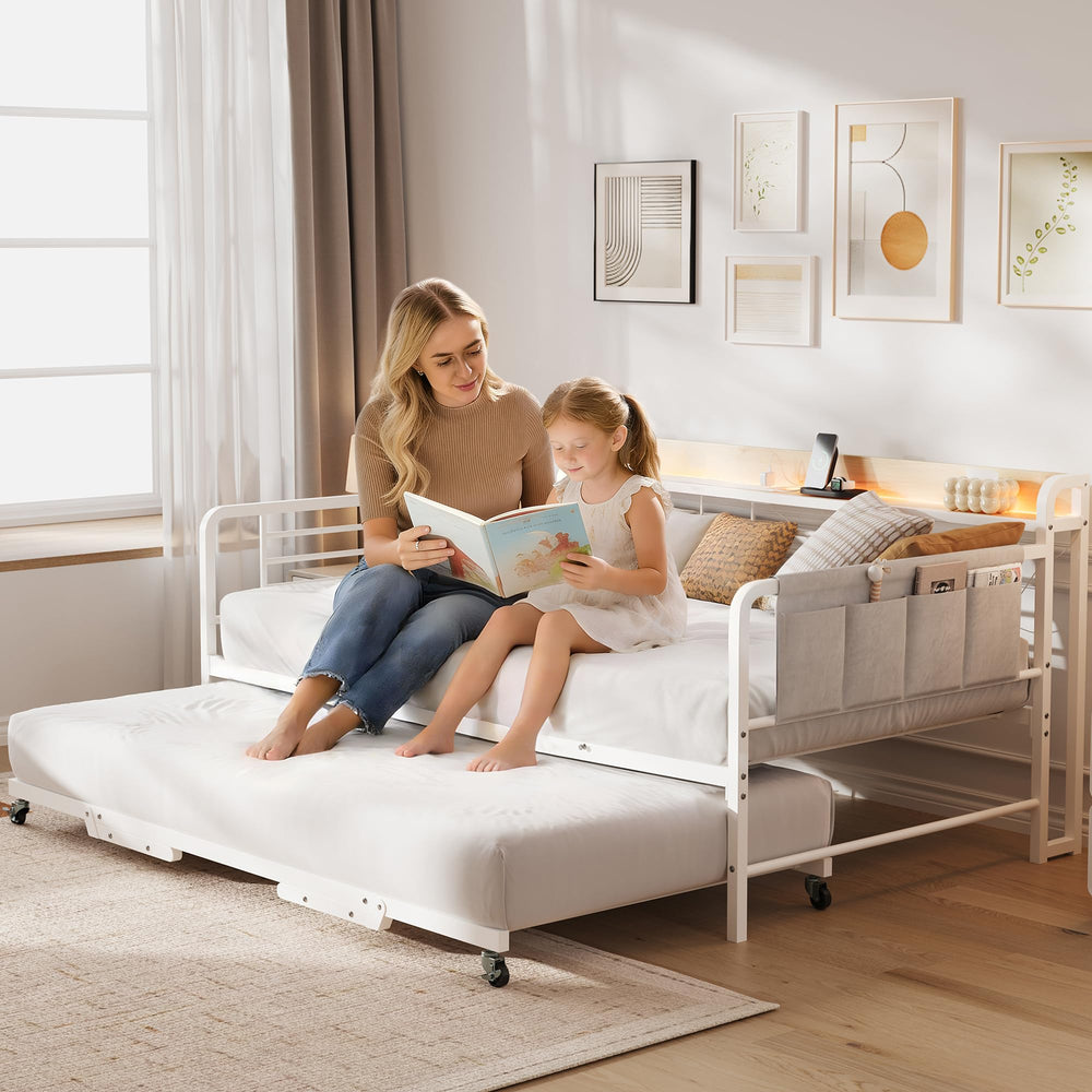 Twin Daybed with Pop-Up Trundle, RGB LED Headboard & Charging Station