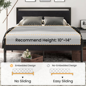 Metal Platform Bed Frame with Wooden Headboard & Footboard