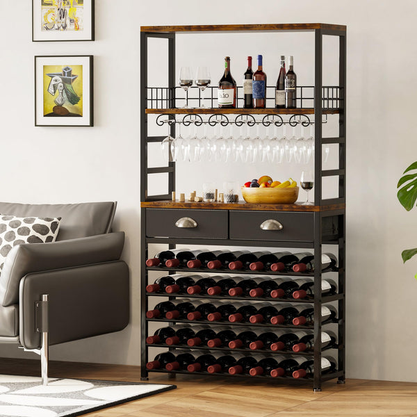 6-Tier Freestanding Wine Rack Cabinet with Drawer and Glass Holder