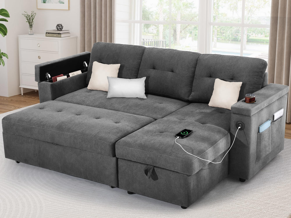 L-Shaped Sleeper Sofa Bed with Storage & USB Charging – Grey