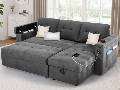 L-Shaped Sleeper Sofa Bed with Storage & USB Charging – Grey