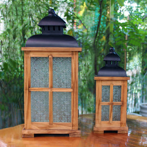 Rustic Wood Candle Lanterns with Black Metal Top – Set of 2