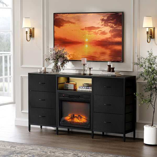 58" Electric Fireplace TV Stand with Fabric Drawers & RGB LED Lights