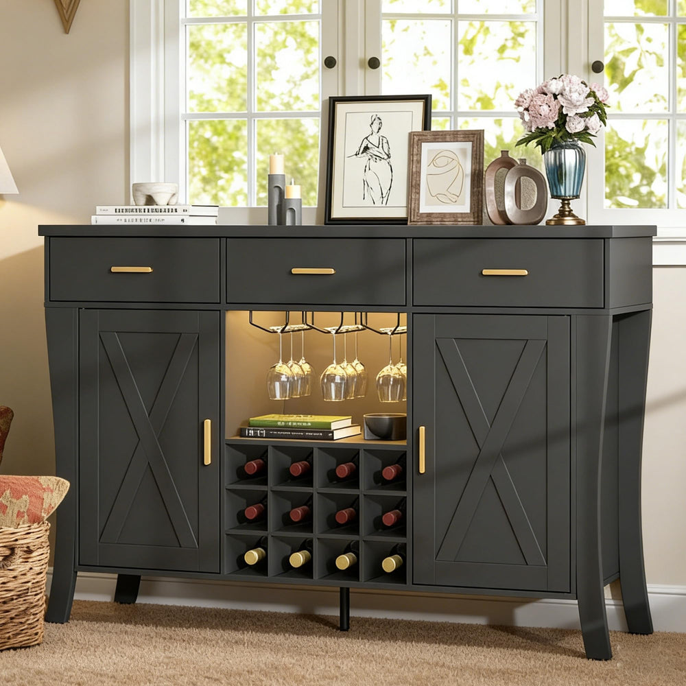 LED Bar Cabinet with Wine Rack & Drawers