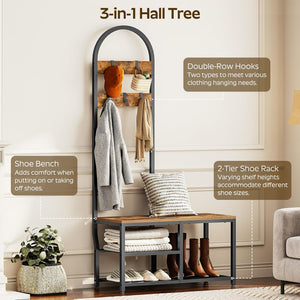 Hall Tree with Bench, Coat Rack & Shoe Storage – Rustic Brown