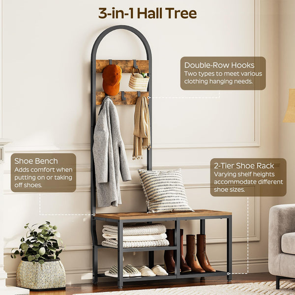 Hall Tree with Bench, Coat Rack & Shoe Storage – Rustic Brown