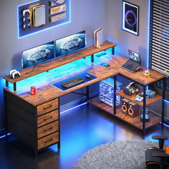 L-Shaped Desk with Drawers, LED Lights & Power Outlets