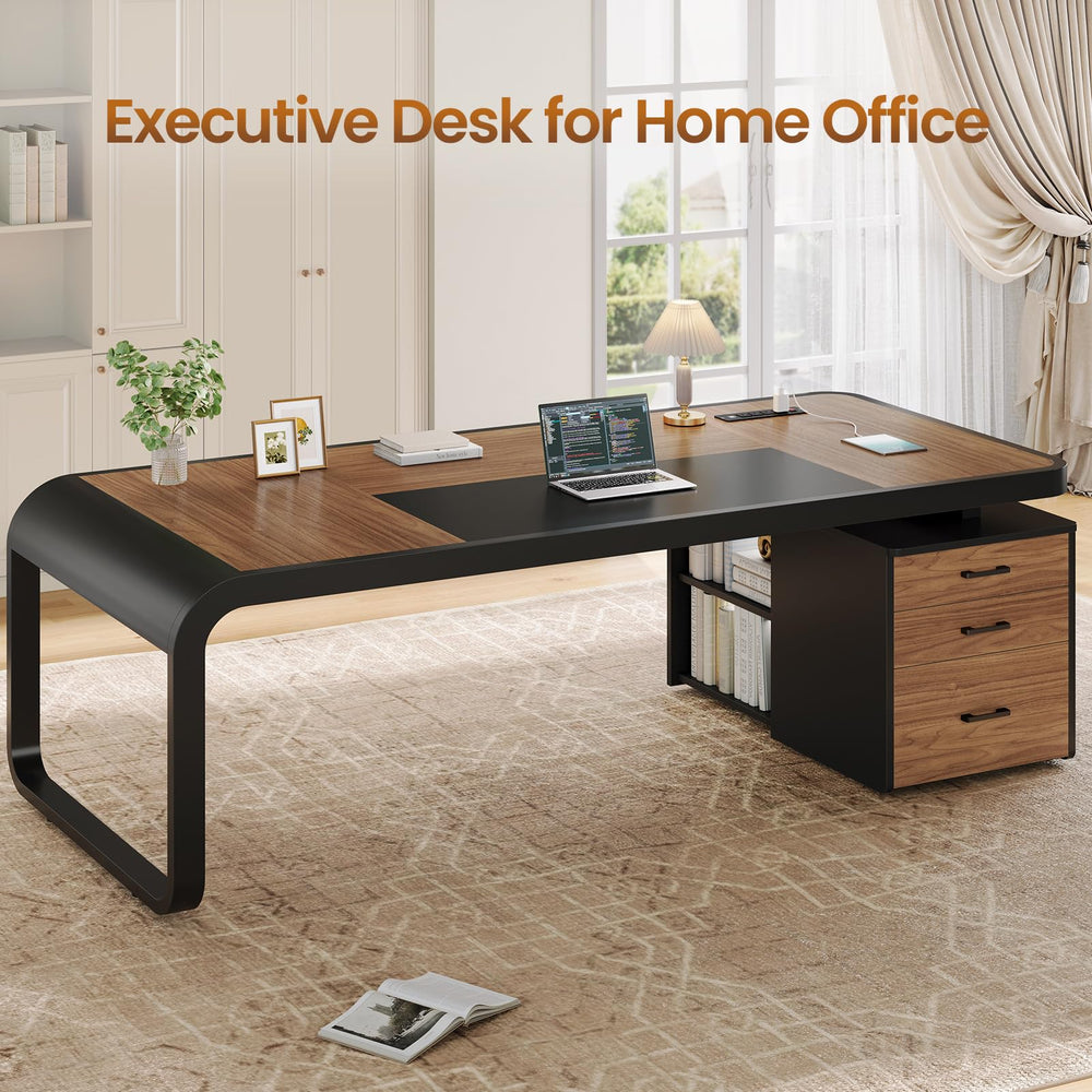 70.9" Executive Desk with File Cabinet, Drawers & Charging Station
