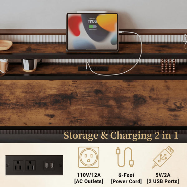 King Bed Frame with Storage Headboard, 2 Drawers & Charging Station