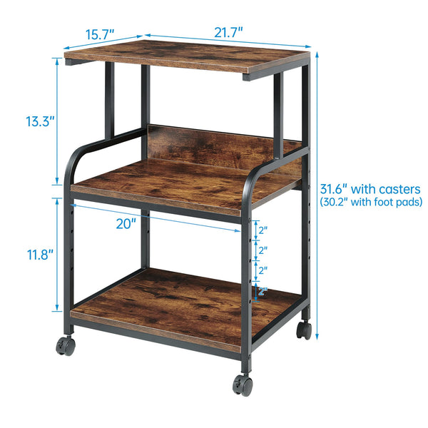3-Tier Rolling Printer Cart with Height-Adjustable Shelf