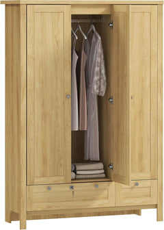 3-Door Armoire Wardrobe Closet with 2 Drawers and Hanging Rod