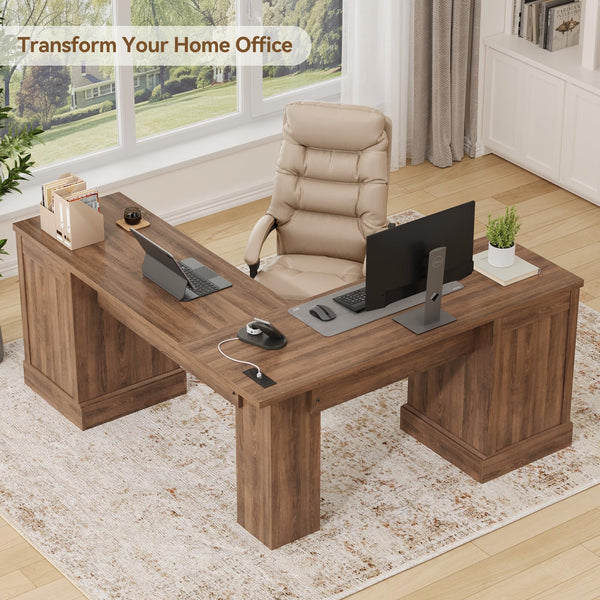 Farmhouse L-Shaped Corner Desk – 3 Drawers, 2 Cabinets & Built-In Power Outlets