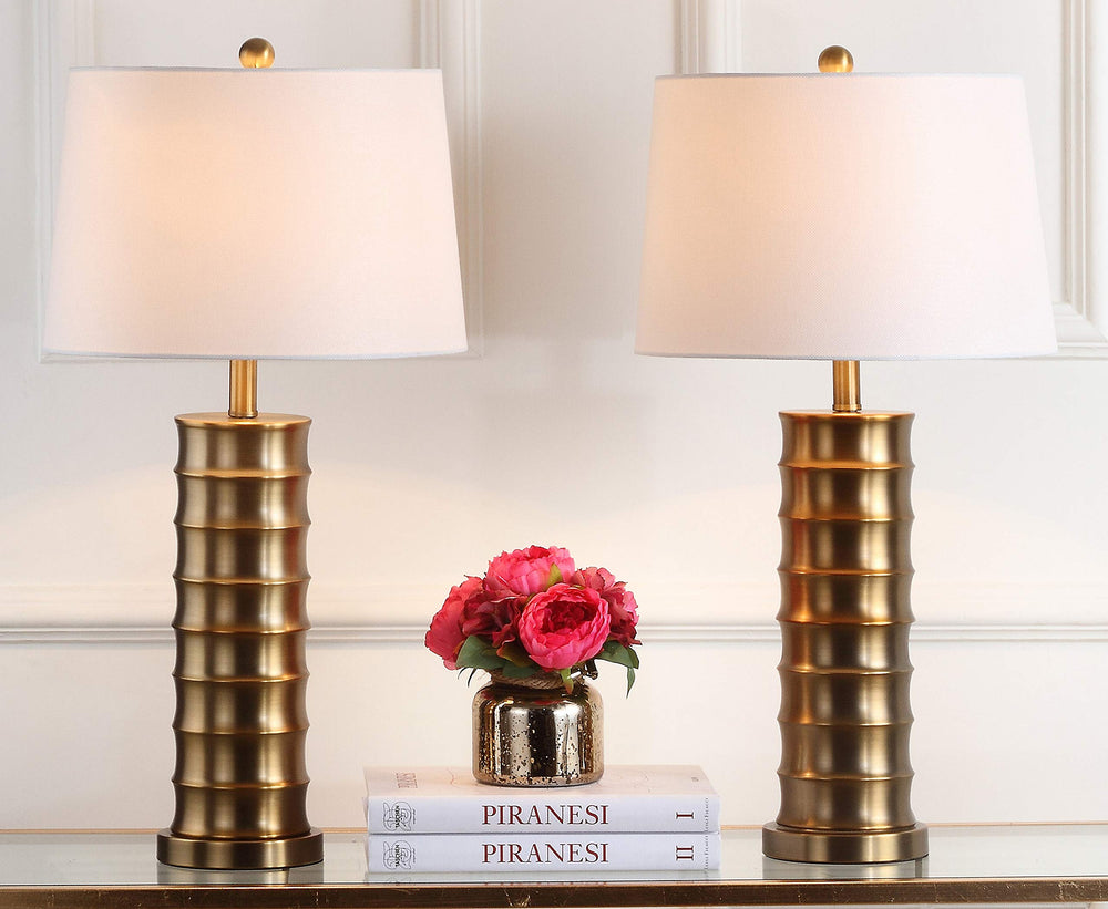 Brass Column Table Lamp Set of 2 — Gold Metal Base with White Shade