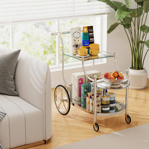 3-Tier Rolling Bar Serving Cart with Glass Shelves