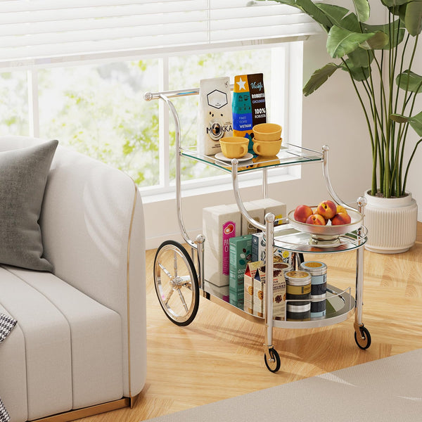 3-Tier Rolling Bar Serving Cart with Glass Shelves