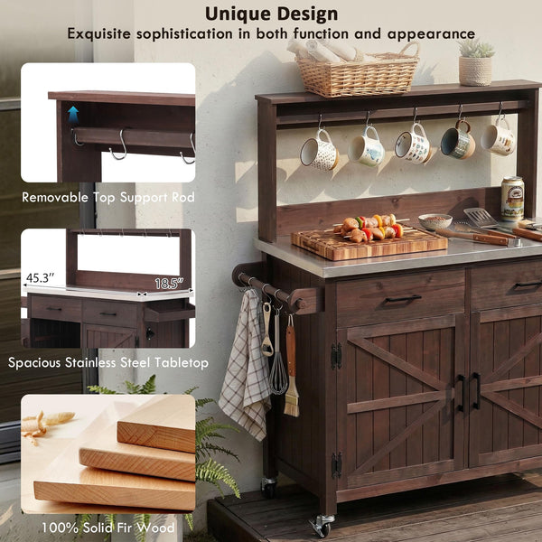 Outdoor Kitchen Island with High Shelf & Storage Cabinet
