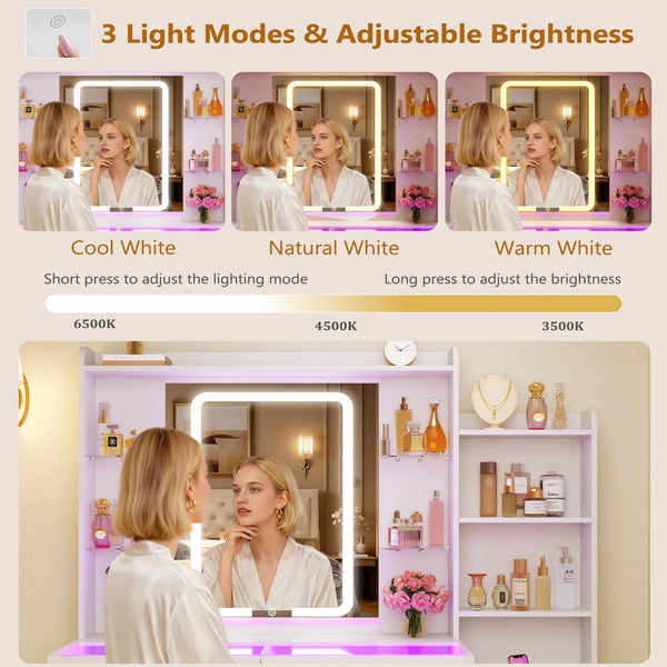 Makeup Vanity Desk with Mirror, Lights & Stool