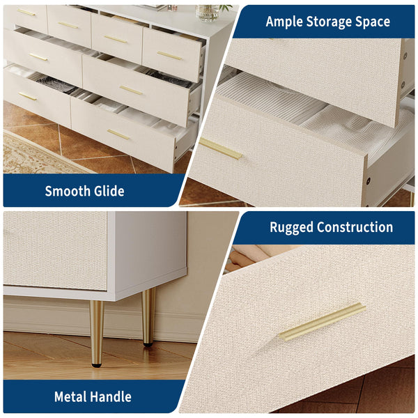7-Drawer White Dresser with Linen-Textured Fronts & Gold Accents