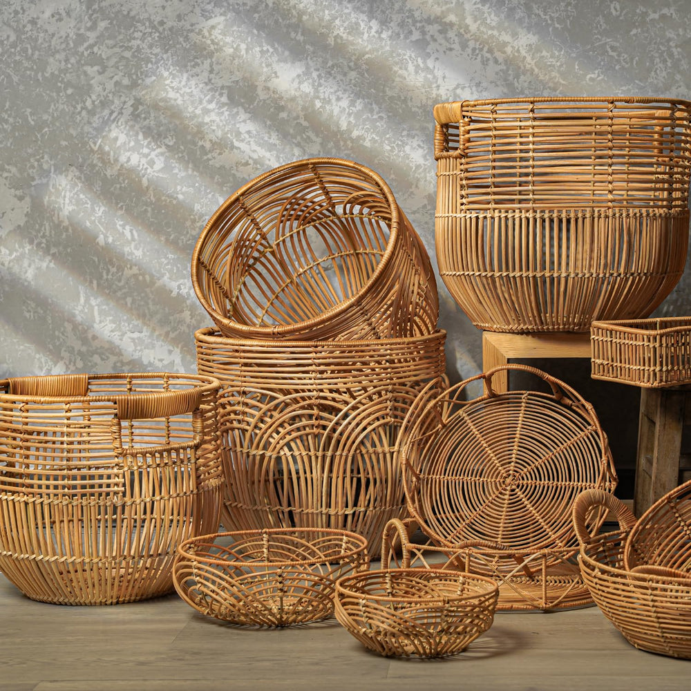 Round Rattan Storage Baskets Set of 2 with Handles