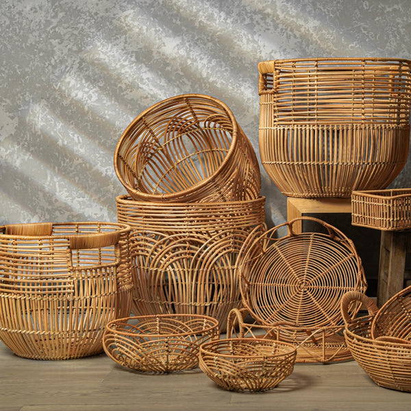 Round Rattan Storage Baskets Set of 2 with Handles