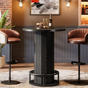 Round Farmhouse Bar Table with Wood Fence Base & Metal Footrest