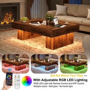 Rustic Coffee Table with LED Lighting & Storage