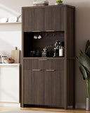 Fluted Pantry Cabinet with Charging Station, Adjustable Shelves & Storage Drawers