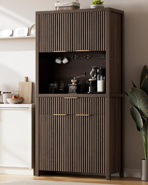 Fluted Pantry Cabinet with Charging Station, Adjustable Shelves & Storage Drawers