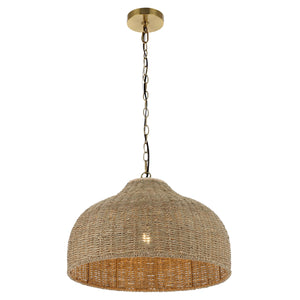 Rattan & Iron Dome Pendant Light – Adjustable Height, LED Included