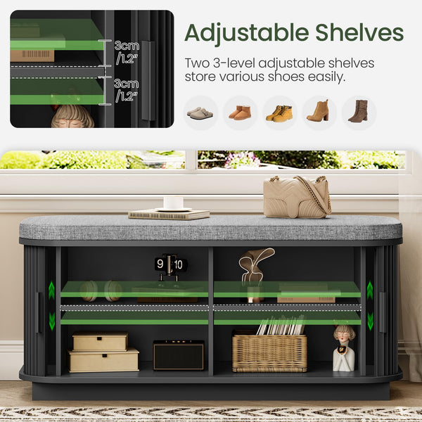 Shoe Storage Bench with Cushion and Sliding Doors