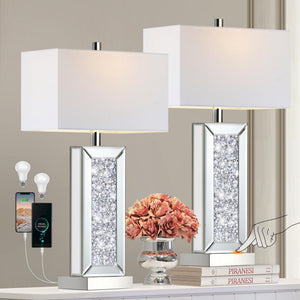 Mirrored Crystal Touch Table Lamps Set of 2 with USB Charging Ports