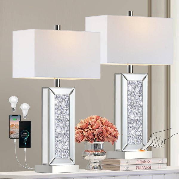 Mirrored Crystal Touch Table Lamps Set of 2 with USB Charging Ports