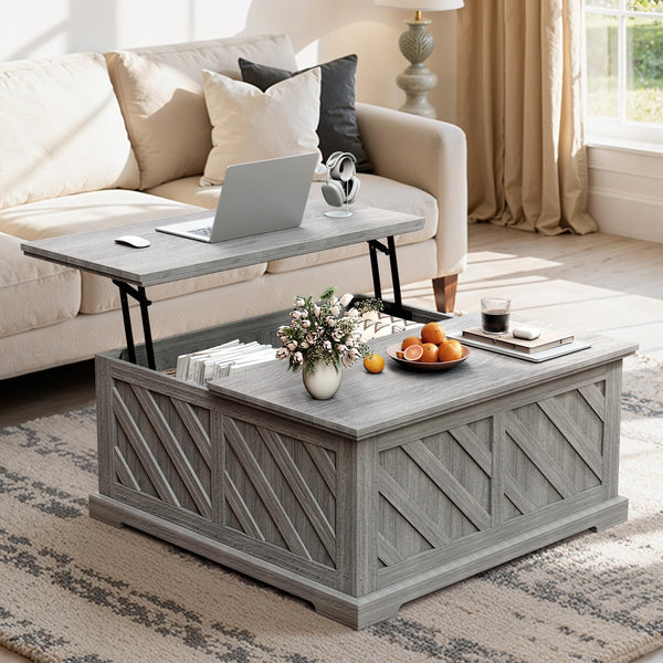 Lift-Top Coffee Table with Hidden Storage & Diagonal Pattern