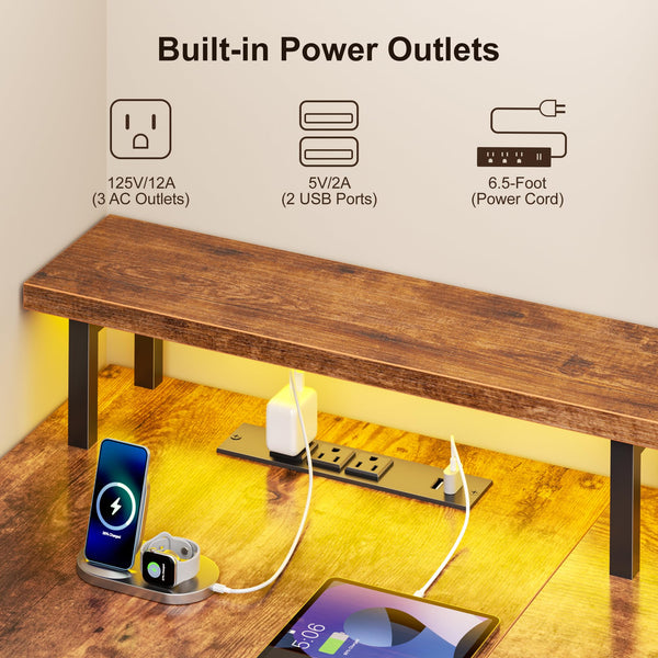 L-Shaped Computer Desk with Power Outlets, USB-C, Drawers & LED Lights – 65 Inch