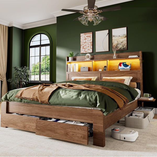 Queen Bed Frame with Storage Headboard, LED Lights & Charging Station