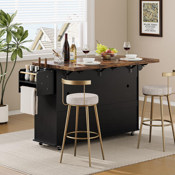 60" Kitchen Island Cart with Power Outlet & Drop Leaf
