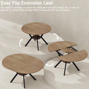 42–58" Extendable Round to Oval Dining Table with Hidden Leaves & Storage Shelf, Seats 4–6