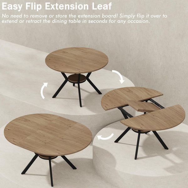 42–58" Extendable Round to Oval Dining Table with Hidden Leaves & Storage Shelf, Seats 4–6