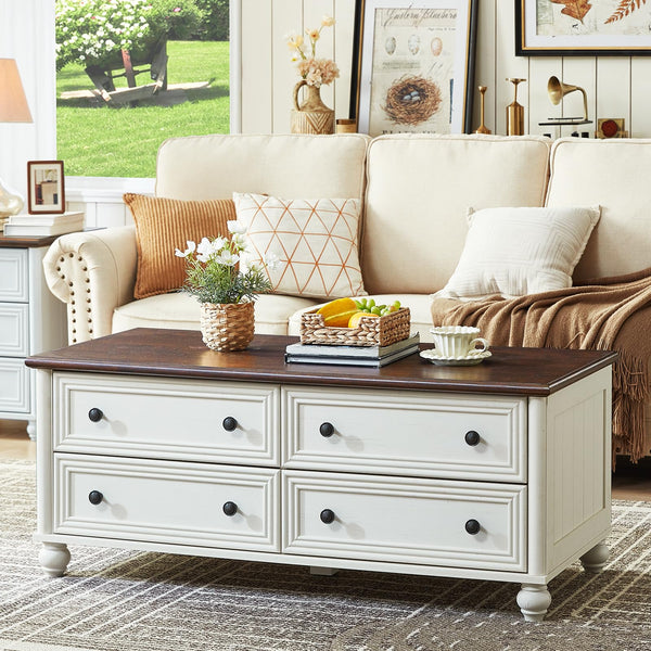 Farmhouse Coffee Table with 4 Drawers & Hidden Storage