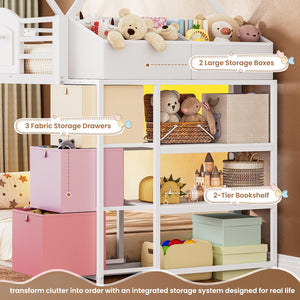 Twin Over Twin House Bunk Bed with Storage Drawers, LED Lights & Stairs