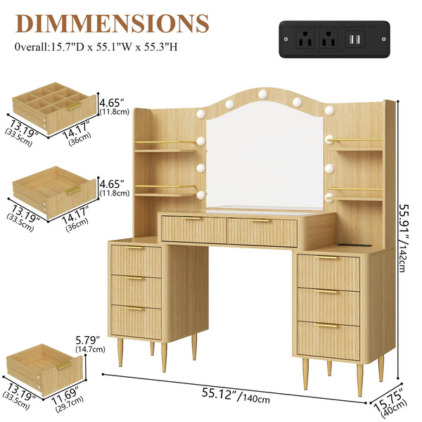 55" Fluted Makeup Vanity Desk with Mirror, LED Lights & Power Outlet