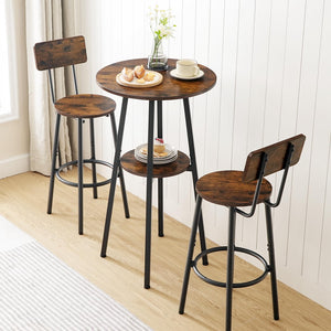 3-Piece Industrial Bar Table & Stools Set — Round Pub Table with 2 Bar Chairs
