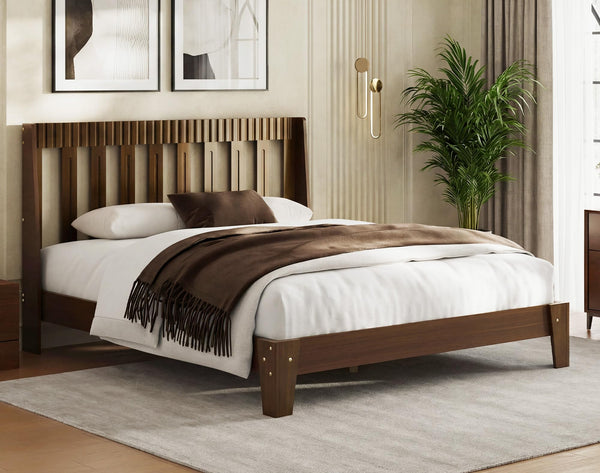 Wood Platform Bed Frame with Fluted Headboard | Queen & King