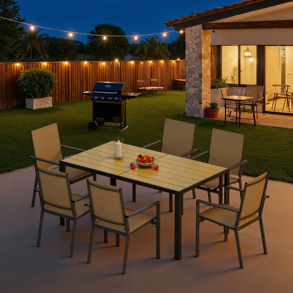 6-Person Outdoor Patio Dining Set with Umbrella Hole – Steel Table & Textilene Chairs